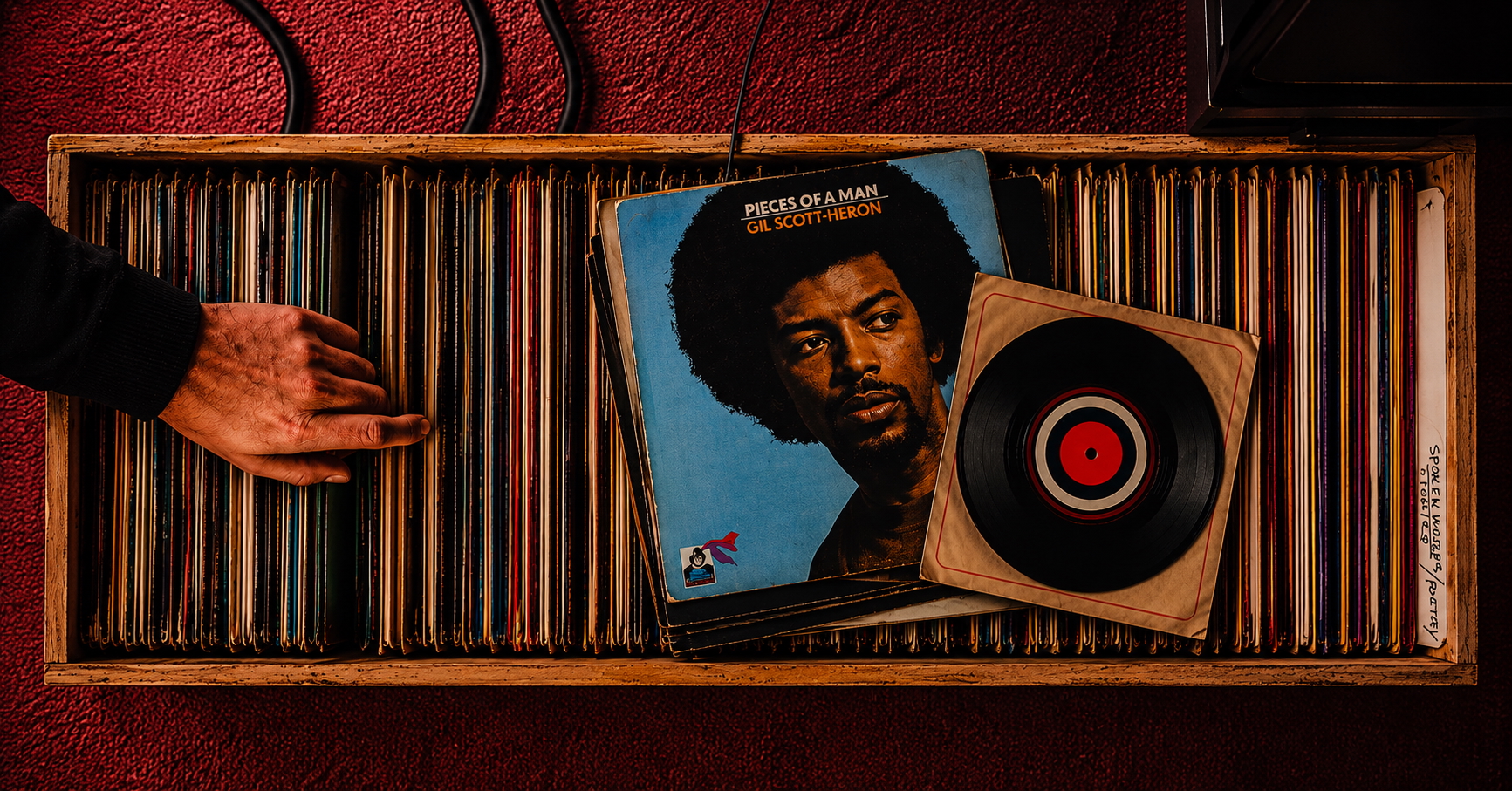 A hand flipping through a crate of vinyl records with Gil Scott-Heron's Pieces of a Man on top